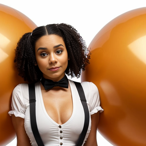 Vanessa Hudgens has a long hair naked depicted as a spherical shape inflated like a balloon,tanskinned oval ballooned body naked rounded ballooned shape. ball body overinflated background the Rusty Goffe and Marcus Powell Oompa Loompas from Willy Wonka's Chocolate Factory willy wonka characters real life real persons faces Oompa Loompas in dark green hair, white eyebrows, colored skin, orange skin, blue eyes brown shirts and white criss-cross suspenders, white overalls Oompa Loompas are standing around her depicted as downside of the right lying or rolling on the ground during her transformation into a ballooned body pushing her body around by their hands her body is rolling The style is surreal and comedic, with a digital or graphic manipulation aesthetic. The lighting is even and diffused, casting no strong shadows. The image is presented from a slightly high-angle perspective, emphasizing the exaggerated spherical form. The overall impression is one of visual humor and artistic distortion