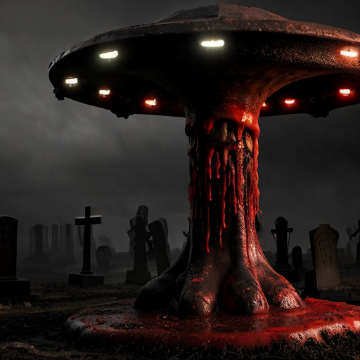 A photorealistic, hyper-detailed dark fantasy horror scene. A colossal, floating bio-mechanical ufo hovers menacingly over a foggy, desolate graveyard. The creature is a grotesque fusion of rotting, dripping flesh, exposed muscle, and dark metallic machinery, featuring a massive gaping maw with jagged teeth and numerous intensely glowing red optical sensors dotting its body. Viscous gore drips from its underbelly. In the foreground, heavily mutilated humanoid corpses covered in wet blood and raw flesh are rising from muddy, open graves among weathered stone crosses. The atmosphere is grim, cinematic, and terrifying, with thick atmospheric fog, a dark overcast sky, and stark contrast between the desaturated greys of the cemetery and the vivid, glowing crimson reds. Shot on 35mm lens, 8k resolution, highly realistic texturing.