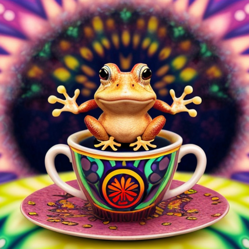 A hillarious, funny boho toad with some hippie colored coffee cups. Psychedelic decorated background.