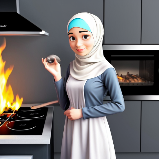 Pixar-style cartoon, Muslim woman 35-40, fully covered wide light blue dress, headscarf covering hair, modest, standing at stove cooking, gray background, no sexualized features, simple cartoon style