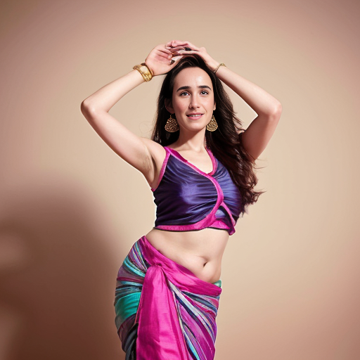 Jennifer Connelly ,24-30 years old, Indian hair style,trying to love, inhaled chest,big open eyes, A plus curvy shaped body structure, showing bangles on hand, bindi,high-quality photo portrait, shot on a Kodak camera, photography, environmental,double eyelid --ar 34:65 --style raw, indian ascent, flying kiss, feeling happy, beautiful legs, wearing violet transparent sari with pink silk crop tank, includes full body structure.