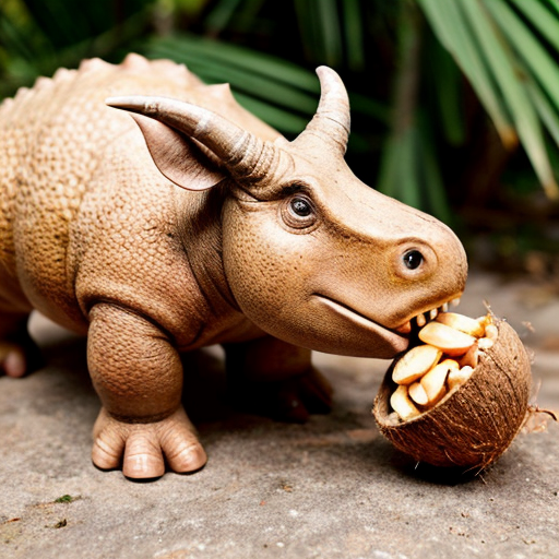 Draw a cute baby triceratops in the wild with a coconut nut shell on his nose 