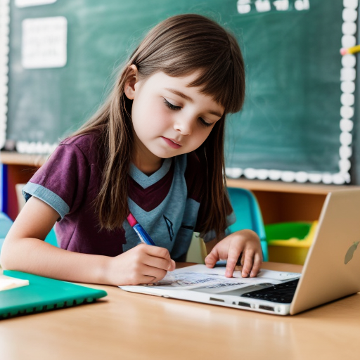 erstelle ein Bild, in dem ein Kind mit hilfe von KI für die Schule lernt 