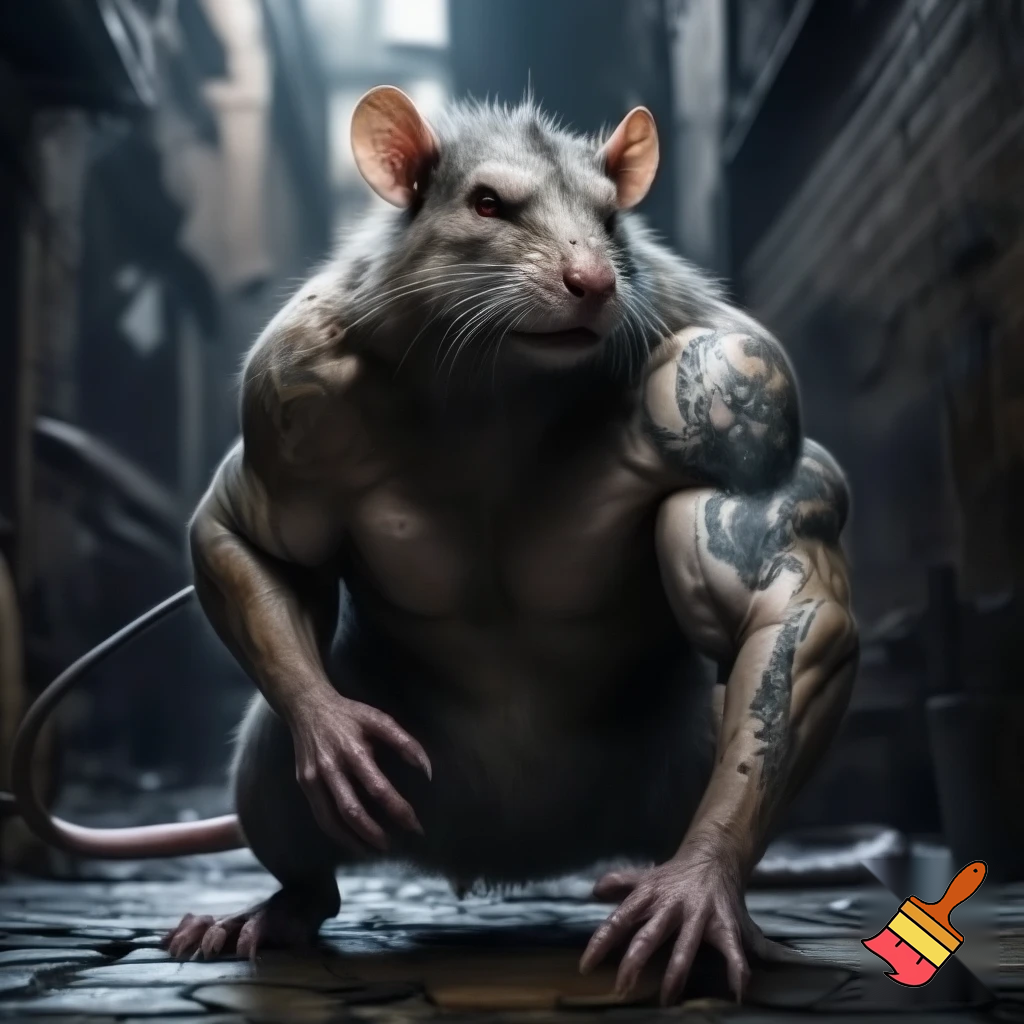 strong tough rat with a evil frowning face and tattoo on its arm
