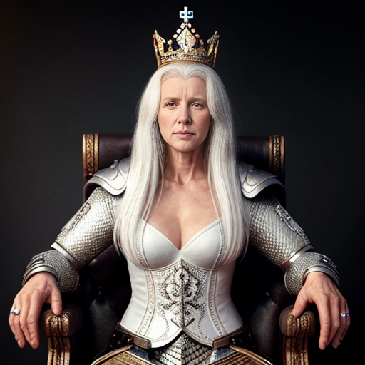 Tall, white-haired Queen of Poland in armor sitting on a throne