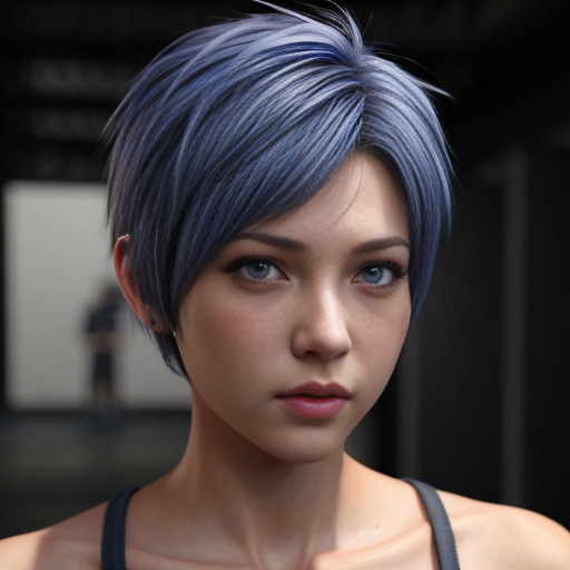 Simple anime. Female. Short blue hair in a short pixie cut. Blue eyes. Head shot.