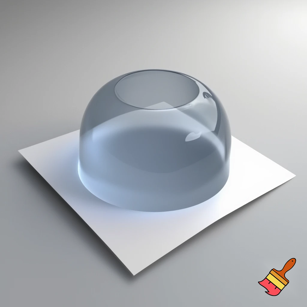 Imagine a flexible, gel-like bowl placed on top of a square piece of paper. The bowl’s material stretches and conforms perfectly to the square edges and corners of the paper, creating a smooth, dome-like shape. The bowl’s surface molds seamlessly to the square outline, resulting in a perfectly fitted, stretched, and dome-like appearance.