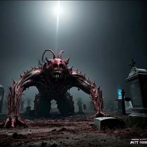 A photorealistic, hyper-detailed dark fantasy horror scene. A colossal, floating bio-mechanical leviathan hovers menacingly over a foggy, desolate graveyard. The creature is a grotesque fusion of rotting, dripping flesh, exposed muscle, and dark metallic machinery, featuring a massive gaping maw with jagged teeth and numerous intensely glowing red optical sensors dotting its body. Viscous gore drips from its underbelly. In the foreground, heavily mutilated humanoid corpses covered in wet blood and raw flesh are rising from muddy, open graves among weathered stone crosses. The atmosphere is grim, cinematic, and terrifying, with thick atmospheric fog, a dark overcast sky, and stark contrast between the desaturated greys of the cemetery and the vivid, glowing crimson reds. Shot on 35mm lens, 8k resolution, highly realistic texturing.