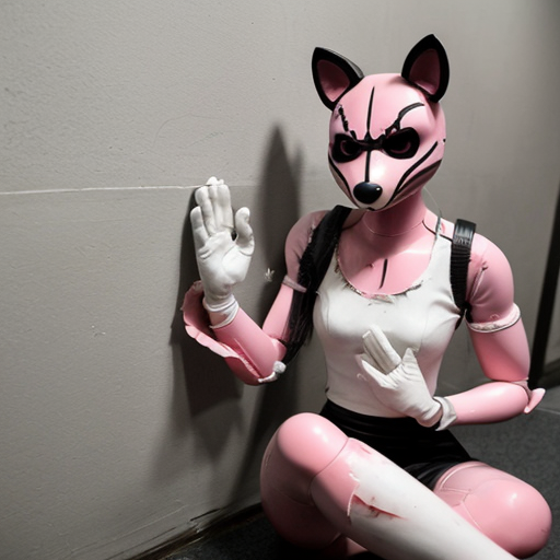 A 21-year-old female student was caught by female animatronics from FNAF 2, and they put a classic original toy foxy female animatronic suit (a beautiful, muted, white and pink fox) inside, parallel to the suit, hands in hands, etc. What will the girl's behavior be when he sees that she is in a suit and through the suit's mask there is blood on the floor, that when she moves her legs or arms while sitting against the wall, she is in incredible pain, and that she is bleeding almost all over her body.