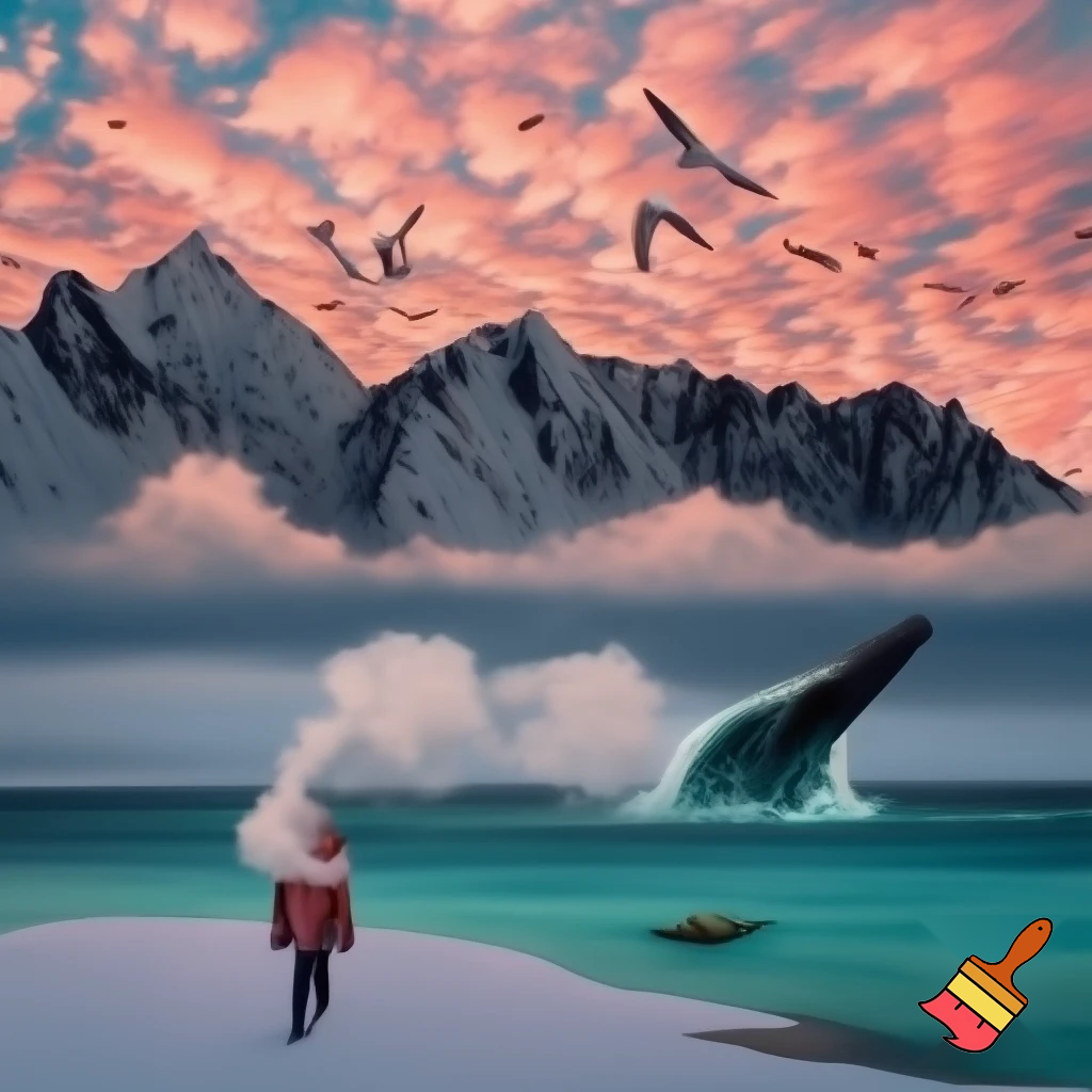 The sky was wrapped in a warm blanket of clouds whilst the sun peeped through.As I looked up,the seagulls cried out loudly as they gracefully flew across the sky.As I began walking across the velvety snow my cheeks turned bright red and my nose began to drip out water.When I opened my mouth a cloud of smoke burst out.

The mountains were grey and black.As I looked into the sky the clouds turned a bright pink and orange as they moved closer together like a happy family.The temperature dropped even lower and my legs felt like they were about to freeze  but i kept walking and didn't give up.The snow went onto my face and my hands started to become even colder but i still didn’t give up.

The waves splashed into the sky and sprayed onto my face.Whilst I wasn't looking a whale splashed out the water and into the sky my stomach dropped in shock.The water was a calm blue and green and I saw a turtle through it.
