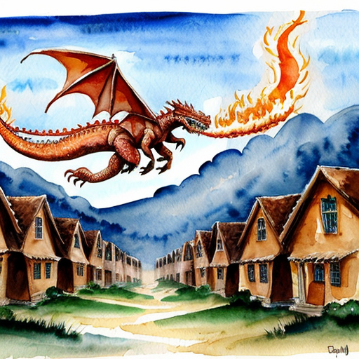 Draw me a mythological dragon flying through the sky above a village, breathing fire on the houses