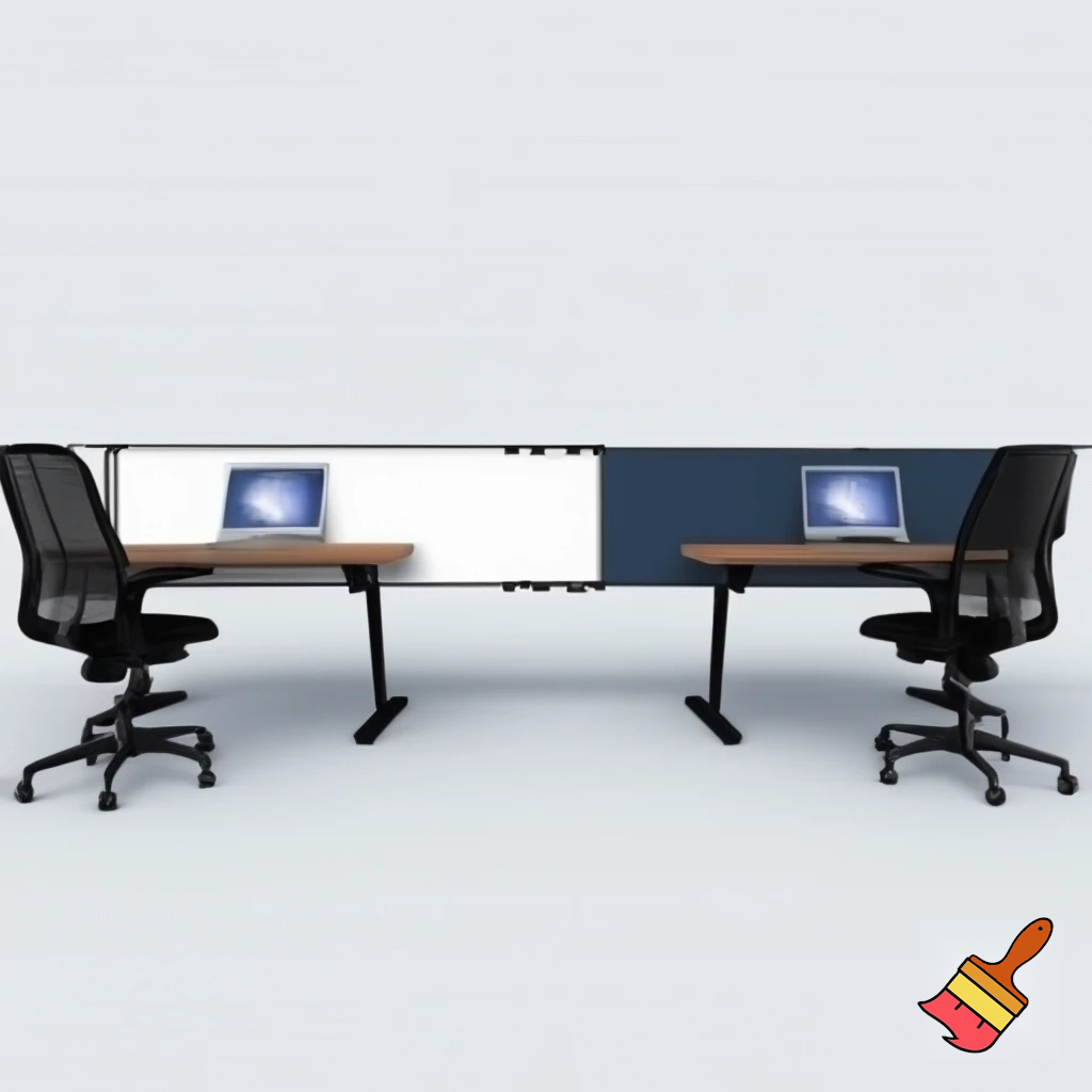 to arbejdsstationer , som består af 2 vægge 1,5 m høje, som står overfor hinanden ( på den ene - er whiteboard, på den anden - en skærm), med et klapbord på den ene side af hver væg (under whightboardet og skærmen), 2 stole på begge sider af hvert klapbord. Der er ikke væg imellem stationerne. Hvis man sætter dem sammen, bliver der dannet en station til 4 personer