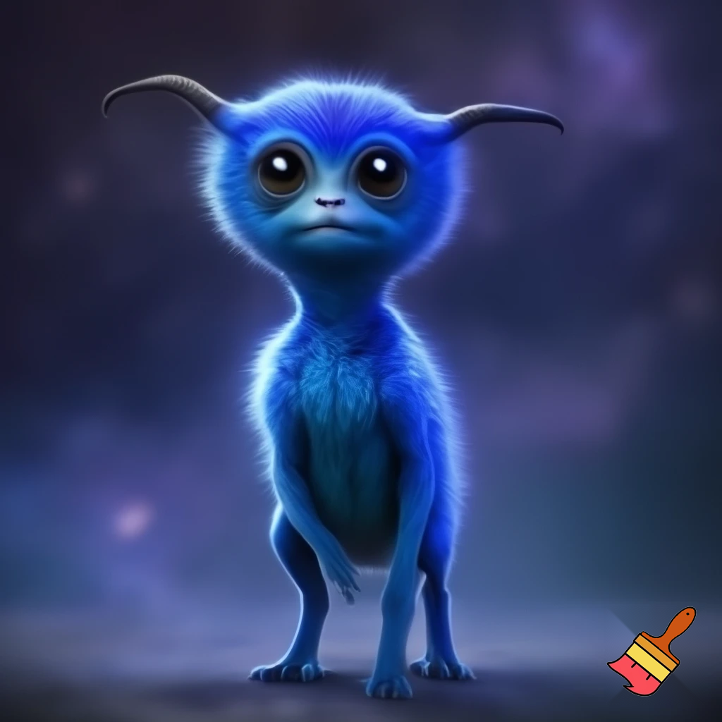 An alien with blue fur, large round head, 4 eyes, 2 legs, and 2 black horns