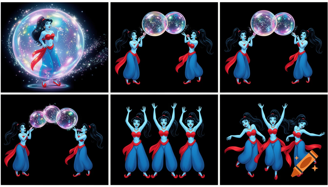 90's disney's 2d aladdin style comic black background and panels of panel 1 giant bubble that transforms into a black haired ponytail woman  with blue skin, blue harem pants red bra and red sash and red curved slippers. 
Panel 2 the blue skinned black haired ponytail woman with blue harem pants red bra and red sash and red slippers then blows a second bubble that transforms into another black haired ponytail woman with blue skin,blue harem pants, red bra and red sash and red slippers. 
Panel 3 then the second black haired ponytail blue skinned woman with blue harem pants and red bra and red sash and red curved slippers then blows a third bubble that transforms into the third black haired ponytail woman with blue skin, blue harem pants and red bra and red sash and red curved slippers. 
Panel 4 and then the third black haired ponytail woman with blue skin, blue harem pants and red bra and red sash and red curved slippers then blows a fourth bubble that transforms into the fourth black haired ponytail woman with blue skin blue harem pants and red bra and red sash and red curved slippers. 
Panel 5 Then the four black haired ponytail women with blue skin , blue harem pants, red bra and red sash and red curved slippers then raising their arms and hands together  
panel 6 and the four Black hair ponytail women with blue skin ,blue harem pants red bra , and red curved slippers swaying their hips. 
Panel 7 then the belly bugles of the four black haired ponytail Women with blue skin, blue harem pants, red bra and red sash and red curved slippers merging and fusing together and swelling. 