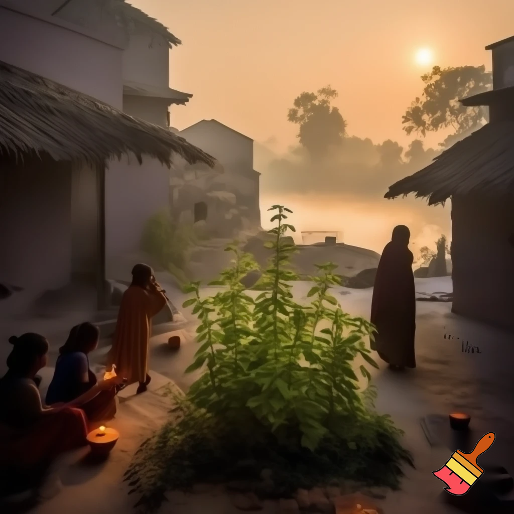 Early morning Indian village near Ganga river, small mud houses, tulsi plant in courtyard, women sweeping and lighting diya, soft sunrise light, peaceful spiritual aura, realism, cinematic tone.