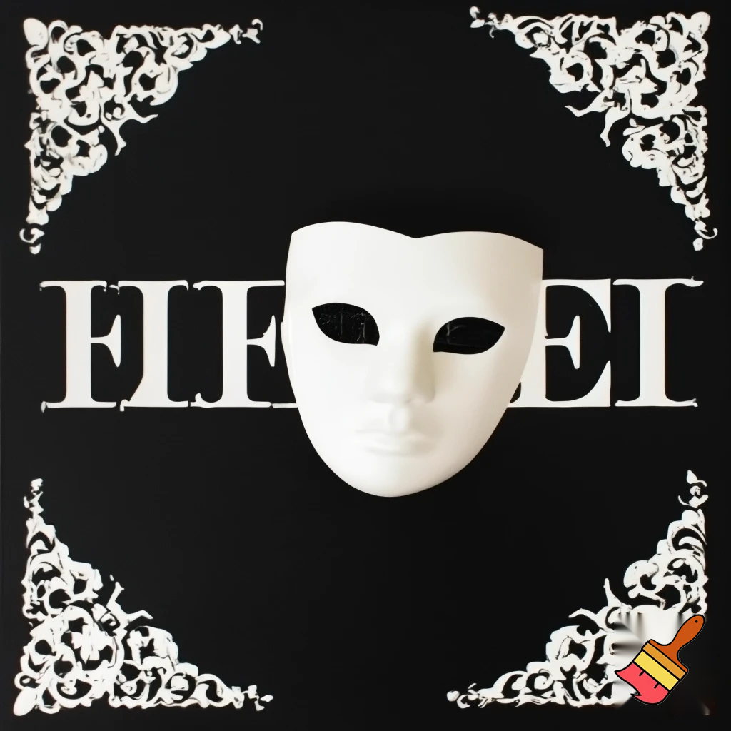 Poster: Solid flat Black and white colors. Black background, white serif letters: MEMOIRS OF A HARLEQUIN. White iron floral motifs around the corners of the poster. And big, tall, and wide flat color of white for the harlequin mask, behind the small white serif letters: Memoirs of a Harlequin. The mask is slightly leaning to the right and is nearly touching the corners of the poster's frame but does not go past and beyond the White iron floral motifs of the bottom left corner and the top right corner.