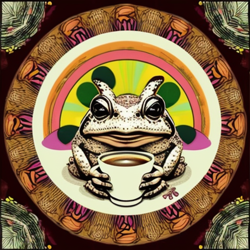 A hillarious, funny boho toad with some hippie colored coffee cups. Psychedelic decorated background.