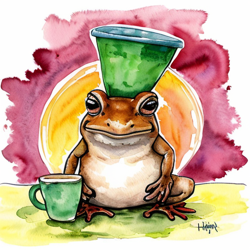 A hillarious, funny boho toad with some hippie colored coffee cups. Psychedelic decorated background. Pop Art  Hard Style.