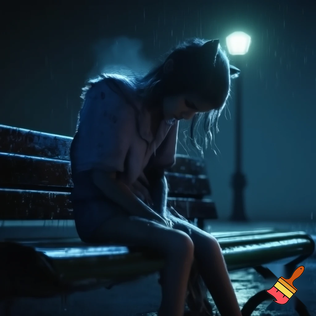 “3D cinematic shot of the cat-girl sitting on a street bench under a dim streetlight, drenched clothes, soft raindrops on fur, eyes downward, emotional mood, dark blue night tone, high detail, same character face and dress.”
