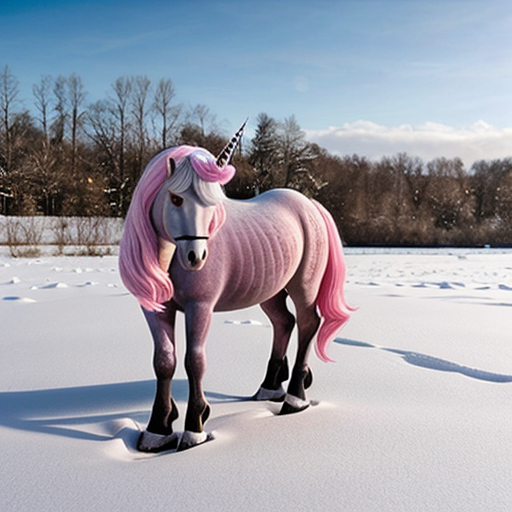 pink unicorn in a snowy field, photorealistic