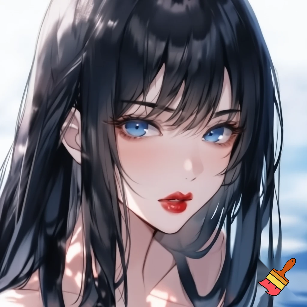 Female lead manhwa long black straight hair , ocean blue eyes, white skin ,red lips