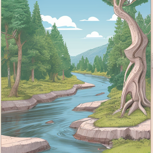 pour un élève de seconde en TP de SVT, propose une illustration d'un paysage fluviatile il y a 250 millions d'année avec une forêt à Voltzia, sans éléments modernes ni humains. J'attends que l'image soit réaliste et scientifiquement cohérente