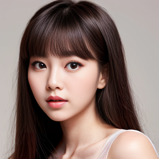 Young woman, heart-shaped face, small delicate chin, full cheeks, big round almond eyes with double eyelids, long thick eyelashes, light brown amber eyes, obvious aegyo sal, straight soft eyebrows, straight nose with small rounded tip, full plump lips with pink natural color, slightly pouty expression, fair porcelain skin, natural makeup, black long straight hair with airy bangs, innocent yet slightly lazy gaze, Korean beauty style, soft lighting, portrait photography

