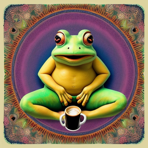 A hillarious, funny boho toad with some hippie colored coffee cups. Psychedelic decorated background.