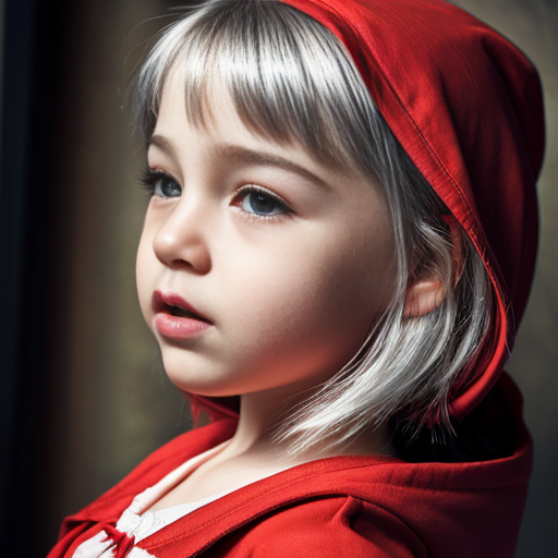 cute red riding hood, cinema, realistic, ultrarealistic, sideview, silver hair, strong makeup, kinderg