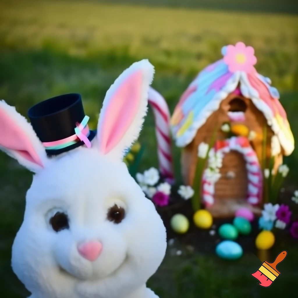 Easter bunny mascot top hat costume with a Easter bunny’s house