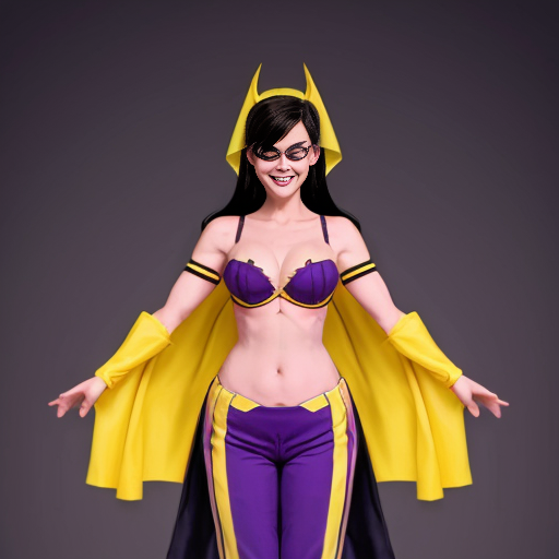 90's disney's 2d aladdin style comic black background and panels of 
panel 1 orange haired batgirl with purple and yellow striped harem pants, purple bra and yellow curved slippers with both hand palms place together and hiding the bottom of her mouth with a purple and yellow striped veil wrapped around her arms and shoulders. 
panel 2 she danced with purple and yellow striped harem pants with purple bra and yellow curved slippers and with purple and yellow striped veil wrapped around her arms and shoulders and raising legs and bounced up and down her belly and shook her hips left and right. 
panel 3 as orange haired batgirl with purple and yellow striped harem pants, purple bra and yellow curved slippers and with purple and yellow striped veil wrapped around her shoulders and arms spreading her arms, happily revealing her face to the viewer and giving a smile as she turns around shook her hips left and right. 
Panel 4 as orange haired batgirl with purple and yellow striped harem pants, purple bra and yellow curved slippers and with purple and yellow striped veil wrapped around her shoulders and arms started to fade away , except her belly, which is bouncing around. 
Panel 5 then the ball transforms into the fading in belly of black haired zatanna with light purple and dark blue striped harem pants, light purple bra , dark blue curved slippers and with light purple and dark blue veil wrapped around her arms and shoulders with her swaying her hips. 
Panel 6 then black haired zatanna with light purple and dark blue striped harem pants and light purple bra and dark blue curved slippers and with a light purple and dark blue striped veil wrapped around her arms and shoulders and with her hand palms place together between her chest and gives a smile and winking her left eye.