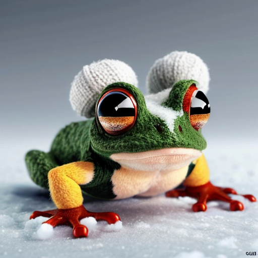 A laughable, puzzled animal toad in woolen, multicoloured winter clothings with woolen winter cap. Hyperrealistic art style.