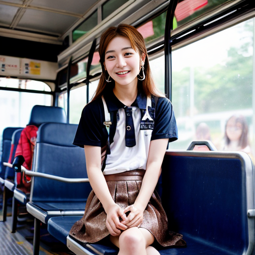 
30대 중반 한국 미녀, 염색한 갈색 머리 장발. 개 목줄, 드롭 이어링, 글리터 상의, 시퀀 큐빅 스커트, 하이힐 착용. 버스 좌석에 앉은 한국 남자 고등학생 위에 올라탄, 혀로 뺨을 핥는.
