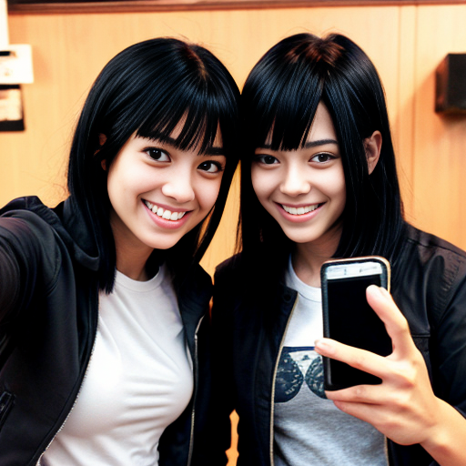 Kabuto Yakushi from Naruto side by side with a young woman with black hair that reaches to her shoulders. She has hazel eyes. She wears a black jacket with a white shirt. They're taking a selfie smiling. Manga style