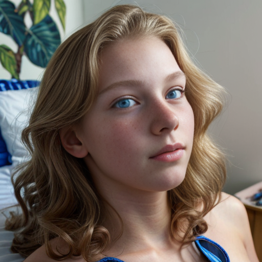 teen ,, , lifelike, portrait, highly detailed, , sharp focus, illustration, art by kittichai  and james gurney and alphonse mucha, ,  with curly blond hair and vibrant blue eyes, photorealistic, at her room, laying