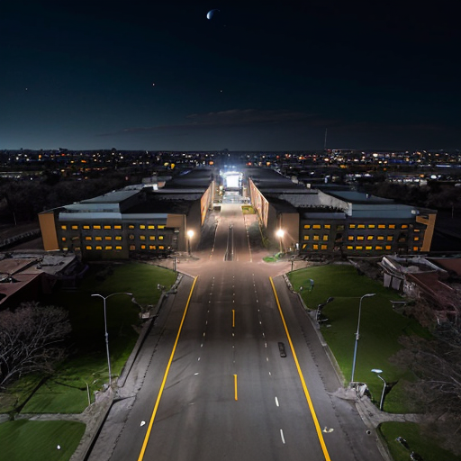 Night aerial view of a large engineering university campus, academic buildings, boys hostel, empty roads, cold blue moonlight, eerie atmosphere, cinematic animated horror movie style, Khooni Monday style