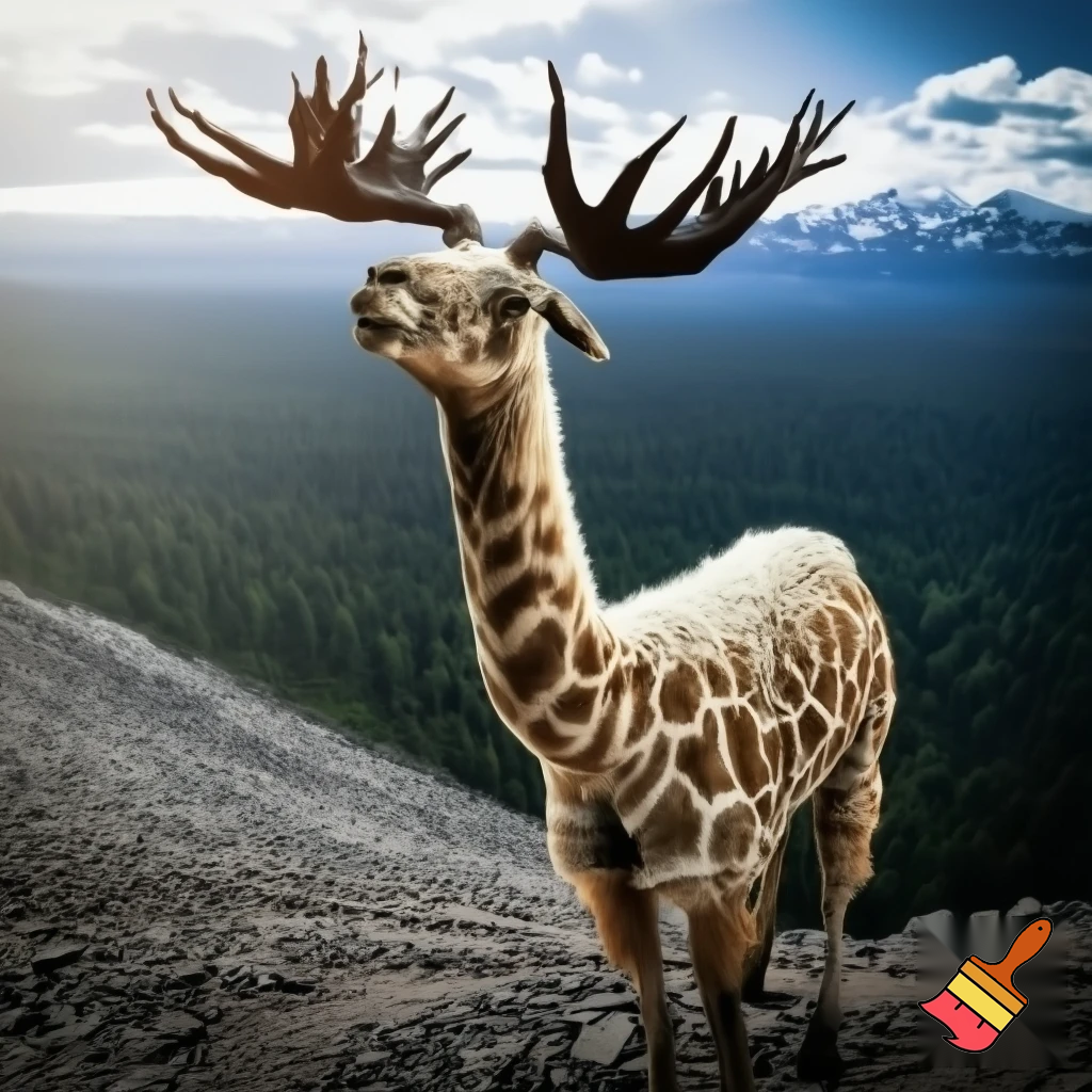 A hybird real life llama + girffe + hawk + moose forset back mountain on