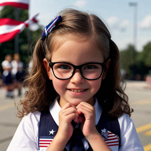 Cute adorable niña Chilindrina glasses con hair lazo curly Blonde con sailor uniforme escolar con zapatos negros escolar con calcetines blancos con Estados Unidos América bandera con desfile con ciudad 6