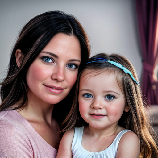 create a family photo of a 27 year old mother with dark blonde hair with blue eyes and her 2 year old daughter with blonde hair with blue eyes in pink at a house
