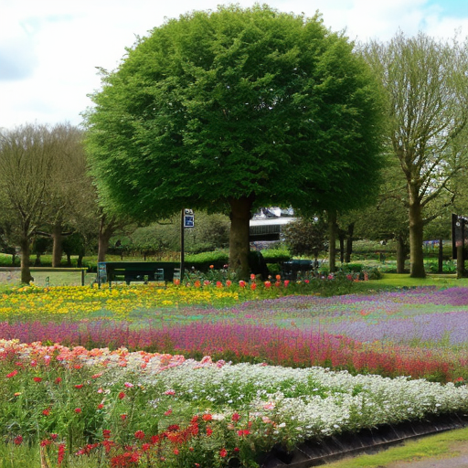 A park with a flower field the shop Morrisons a green frizzbee  and a big red leaved tree and a small flower garden 

