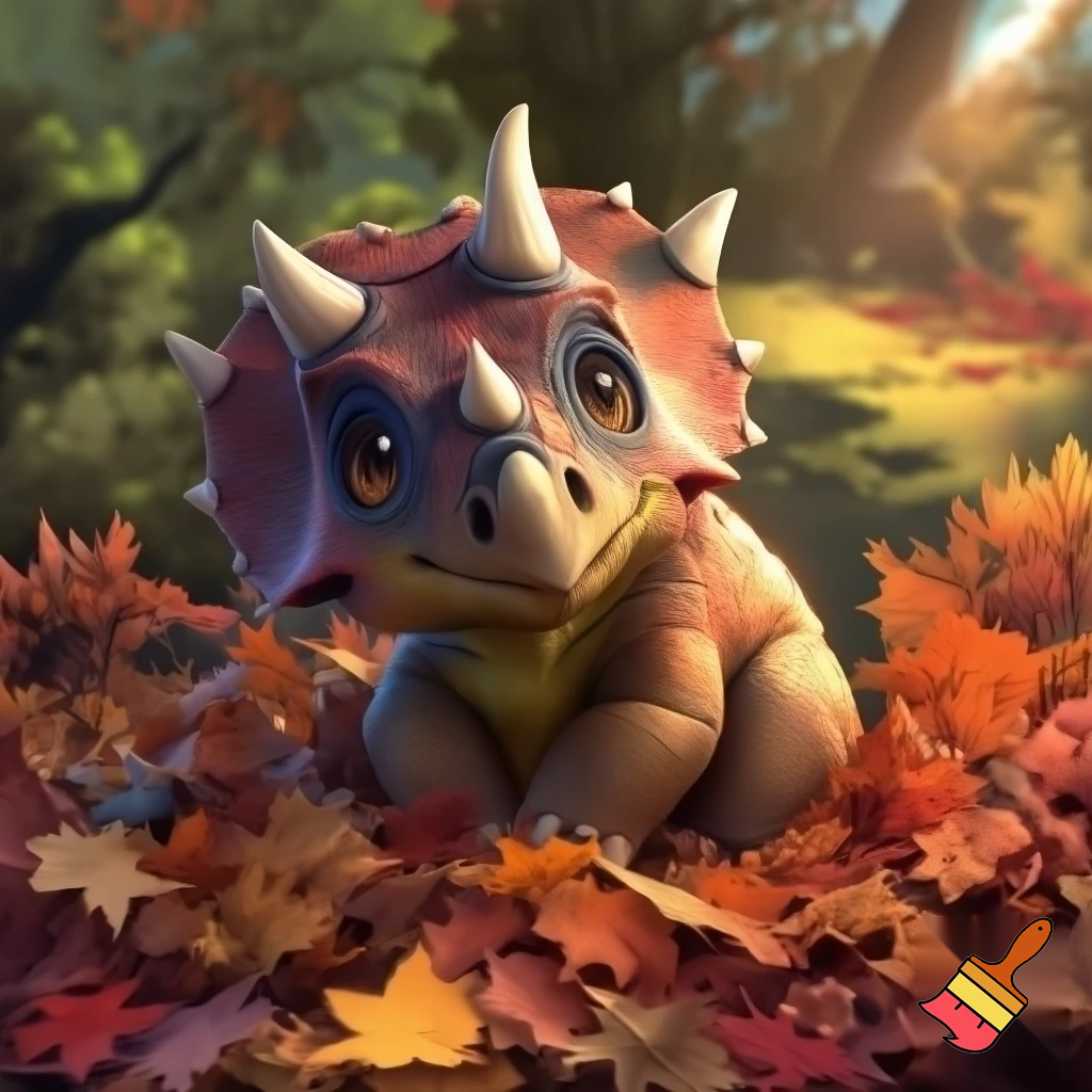 Draw a cute baby triceratops In the wild covering his head in a pile of leaves 