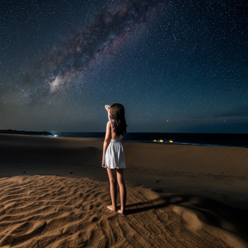 A girl amidst the sand, with the sea before her, gazing at the stars
