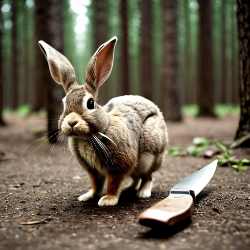 European rabbit, holding knife, forest