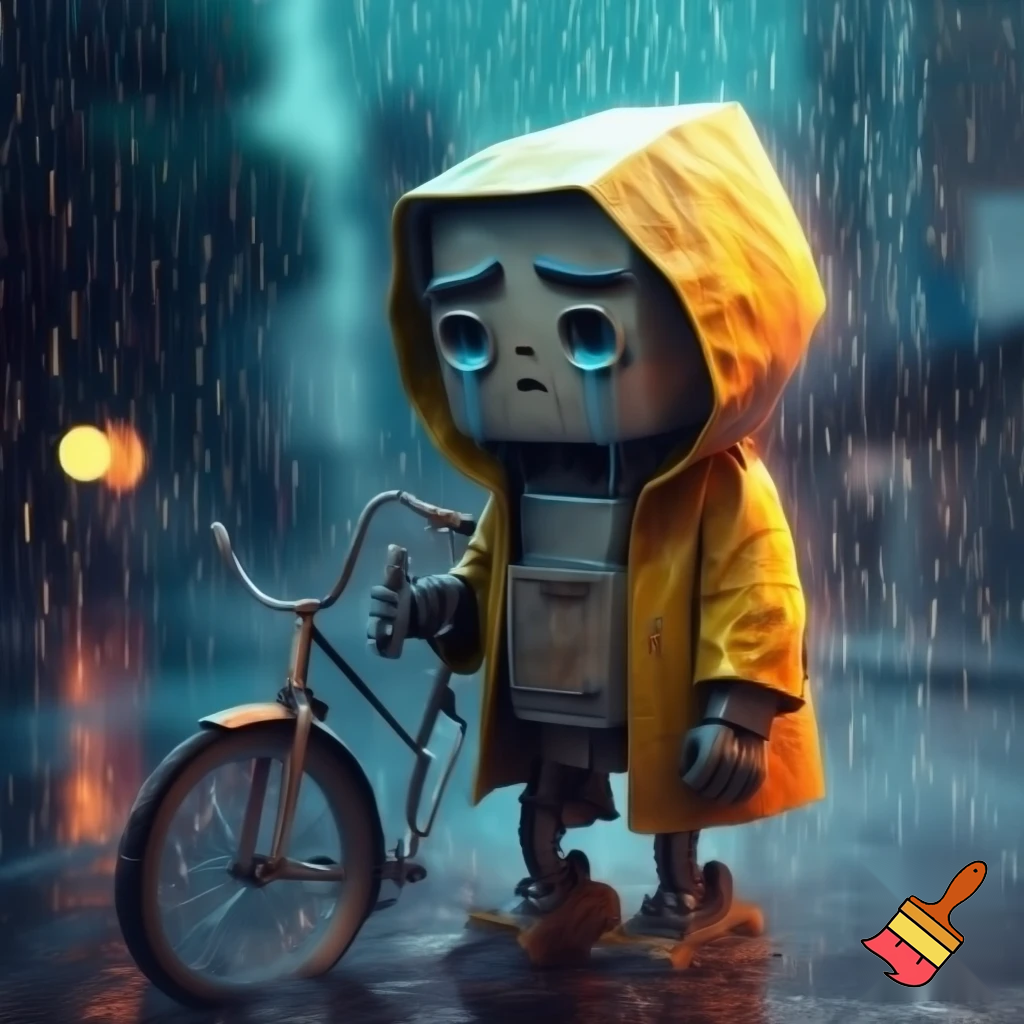 A sonic with a eyebrow gloomy tears  a sad mouth with bikecycle a stand rain raincoat yellow
