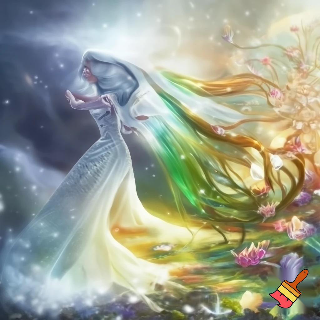 Девушка Зима плавно растворяется и переходит в девушку Весну, природа фэнтези, сказочно, волшебно

