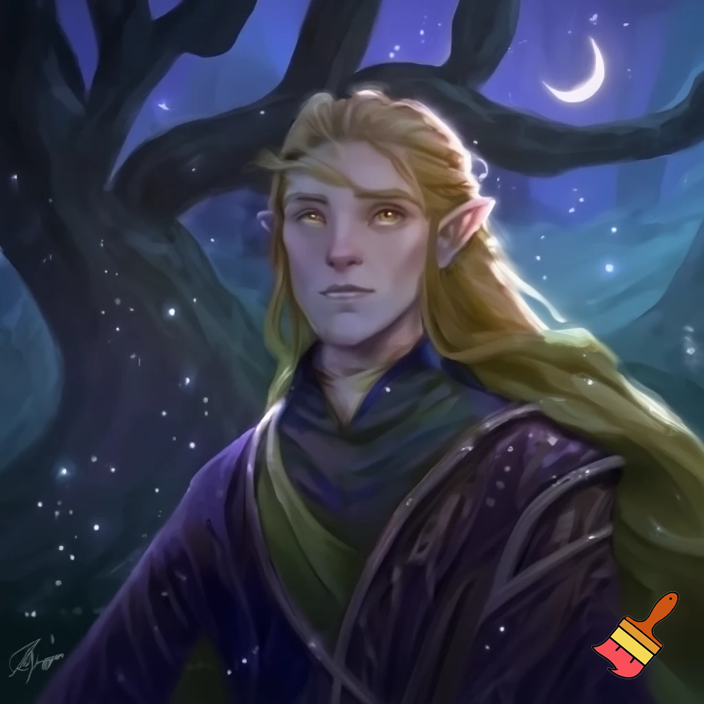  male wood elf circle of the stars druid pale skin blond hair hazel eyes