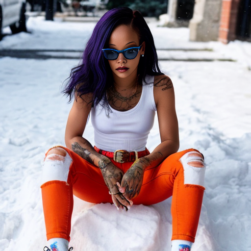 Rihanna orange tanktop belt blue short jeans purple socks orange and white sneakers on a sitting Snow 