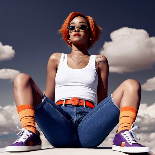 Rihanna orange tanktop belt blue short jeans purple socks orange and white sneakers on a sitting Cloud in the Sky
