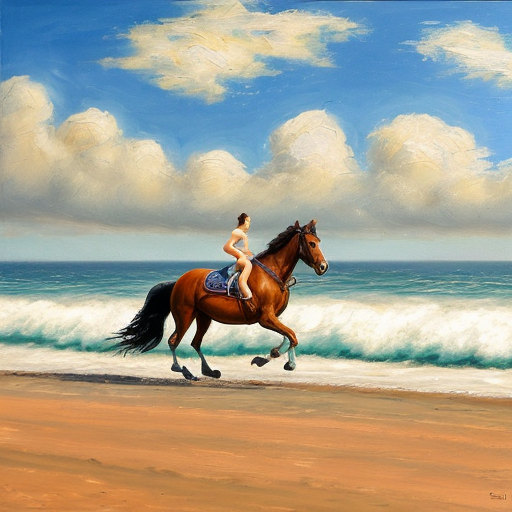 cavallo che corre sulla spiaggia con mare agitato e cielo annuvolato. L'immagine deve essere pittoresca e assomigliare a un dipinto a olio.