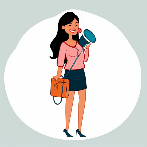 caricatura mujer con maleta, megafono y un corazon floreciendo